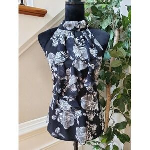 IZ Byer Women's Black Floral Polyester Halter Neck Sleeveless Top Blouse Size S